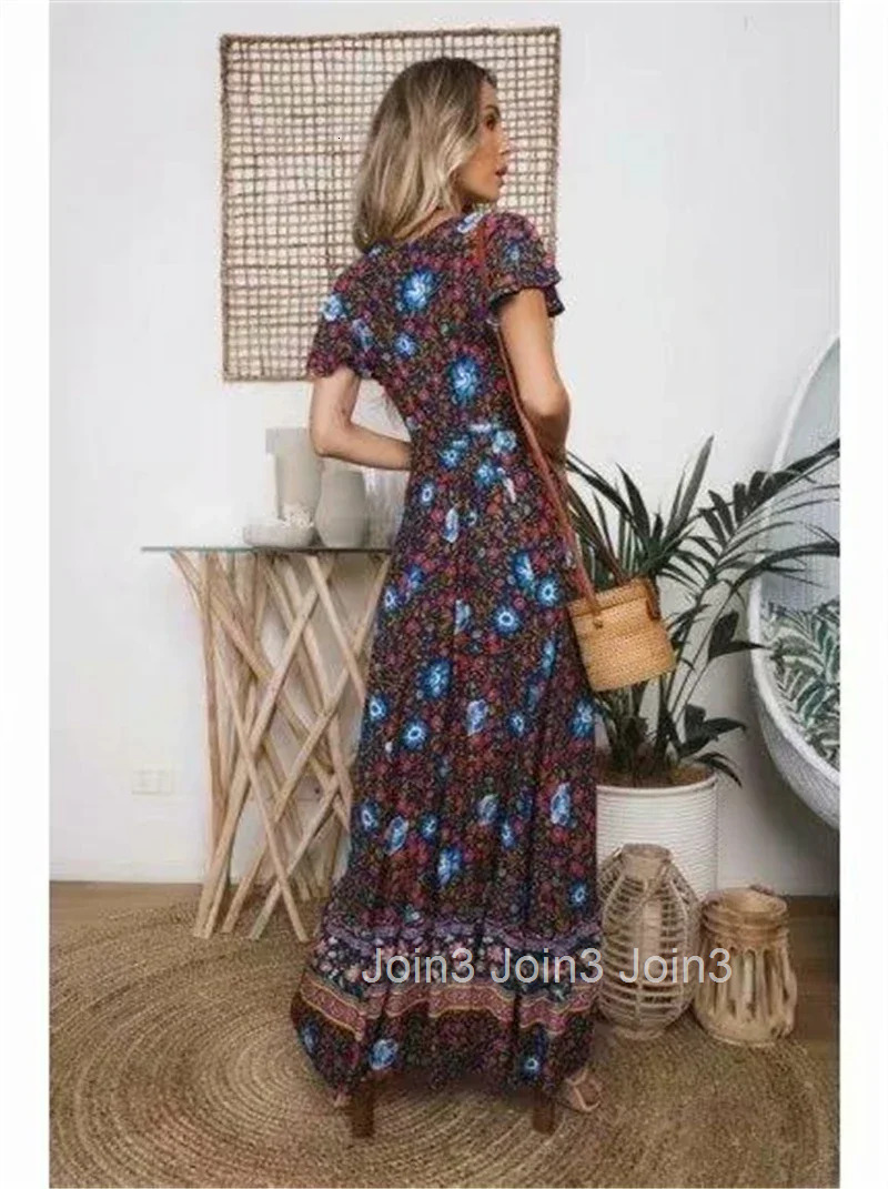 Boho Queens Women Floral Print Bat Sleeve Beach Robe Bohemian Maxi Dresses Ladies Sexy V Neck Summer Happie Dress Vestidos