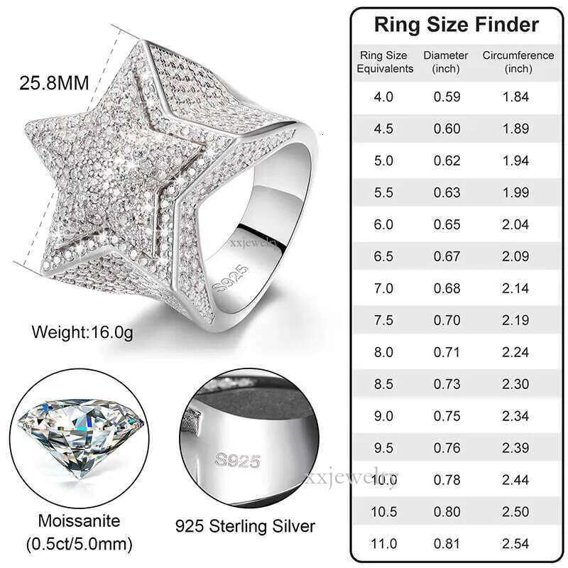 Men Band Rings Women Hiphop Fine Jewelry Iced Out Gold Plated Sterling Sier VVS Moissanite Dia Star Ring With GRA Certificate123