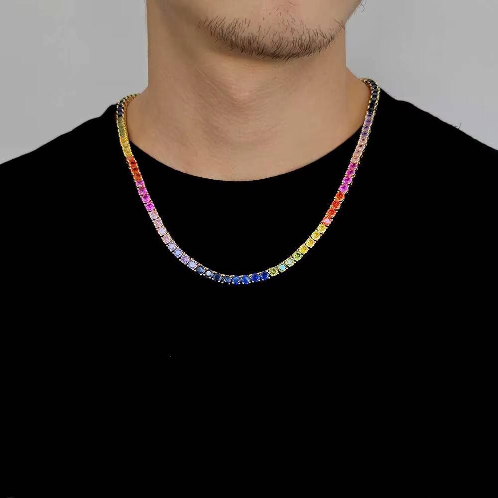 New Style 18K Gold Plated 5mm Iced Out Link Chain Tennis Necklace with Coloured Cubic Zirconia Hip Hop Jewelry Rainbow Effect