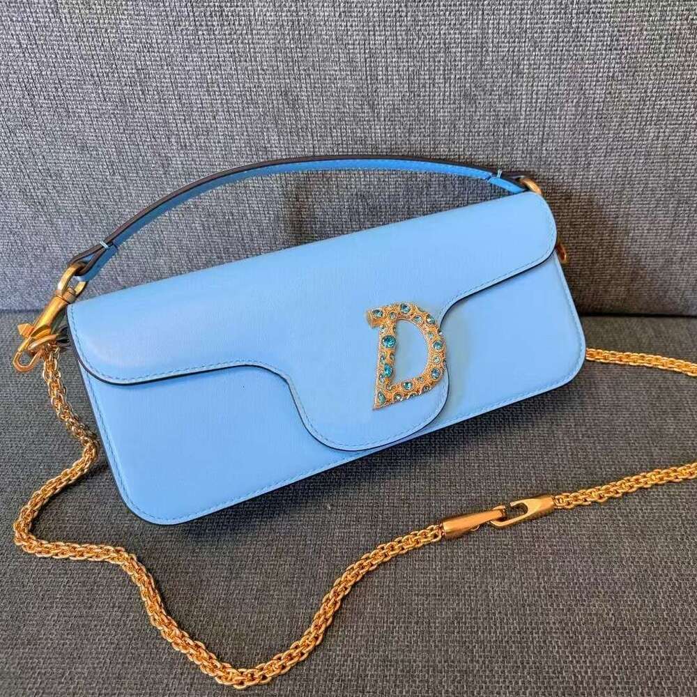 High quality luxury Designer diamonds Inlaid crystal baguette Real Calfskin Leather flap Shoulder Evening Women Bags beaded handbags Gold chain crossbody bag