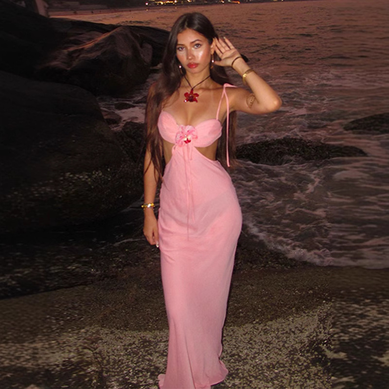 2025 Summer New European and American Hot selling Women's S Fashion Rose Bareback Strap Dress Sexy Long Dress New fashion Designer Dress