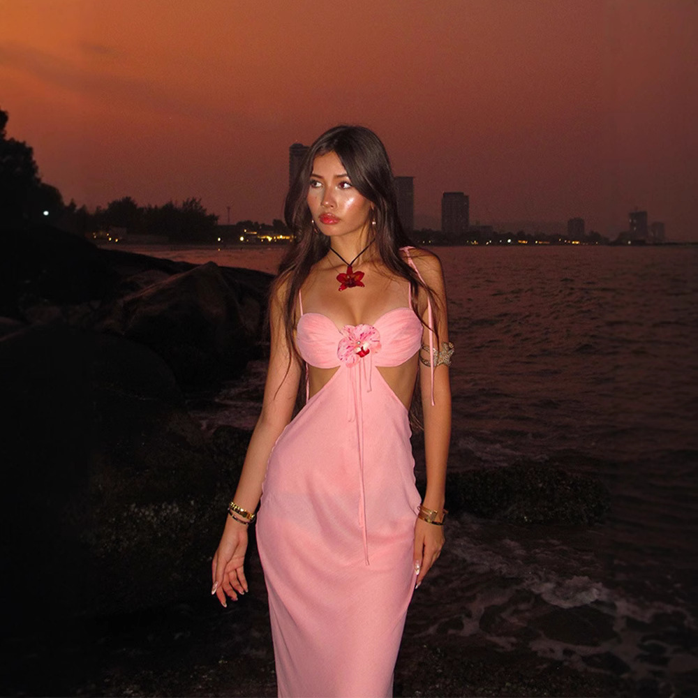 2025 Summer New European and American Hot selling Women's S Fashion Rose Bareback Strap Dress Sexy Long Dress New fashion Designer Dress