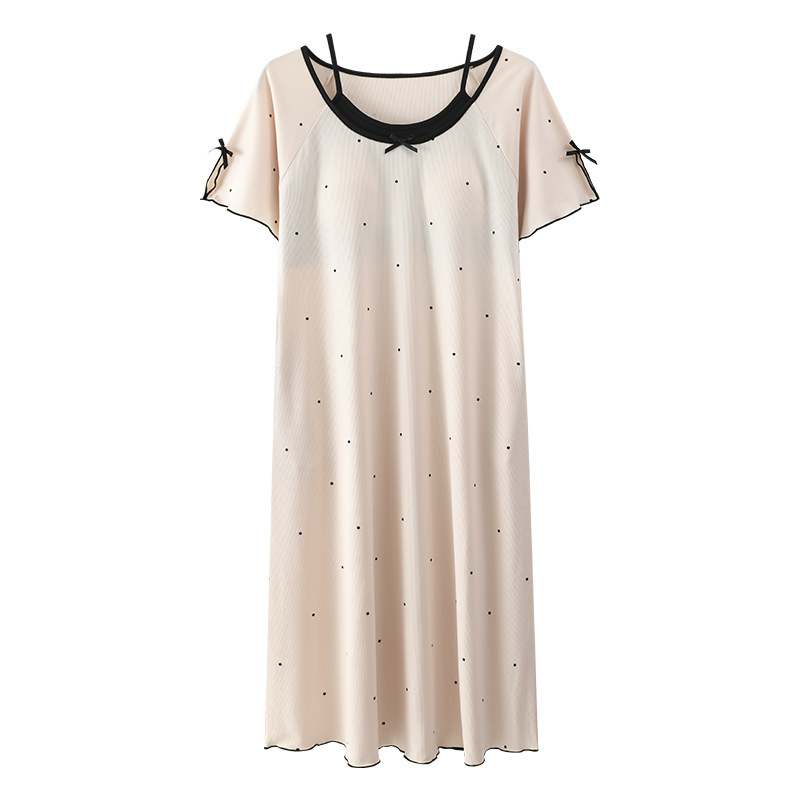 B998-New cool ice silk nightdress for women summer with chest pad short sleeves sweet cartoon mid-length pajamas skirt