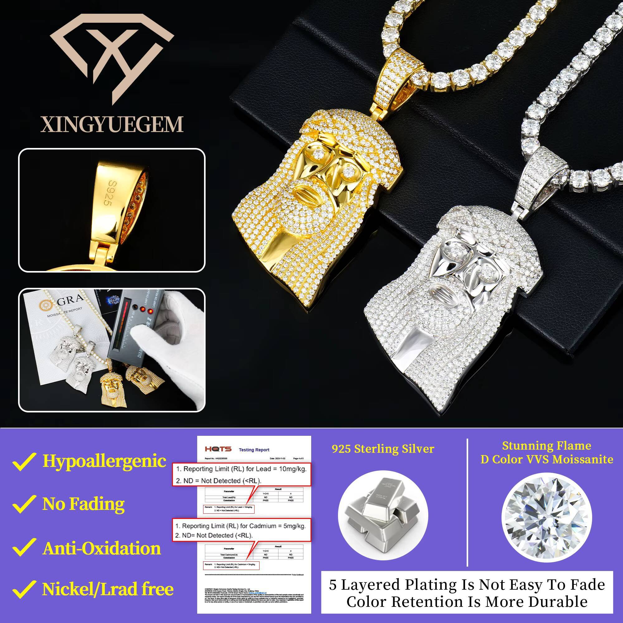 Iced GRA VVS Moissanite Jesus Christ Pendant and Tennis Chain Christian Hip Hop Bling 925 Silver Pendant for Men Jewelry