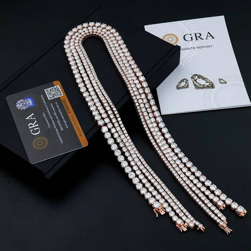 Custom Rose Gold Plated 3-6mm S925 Sterling Silver Moissanite Tennis Chain Necklace Trendy Link Style for Men Women Great Gift