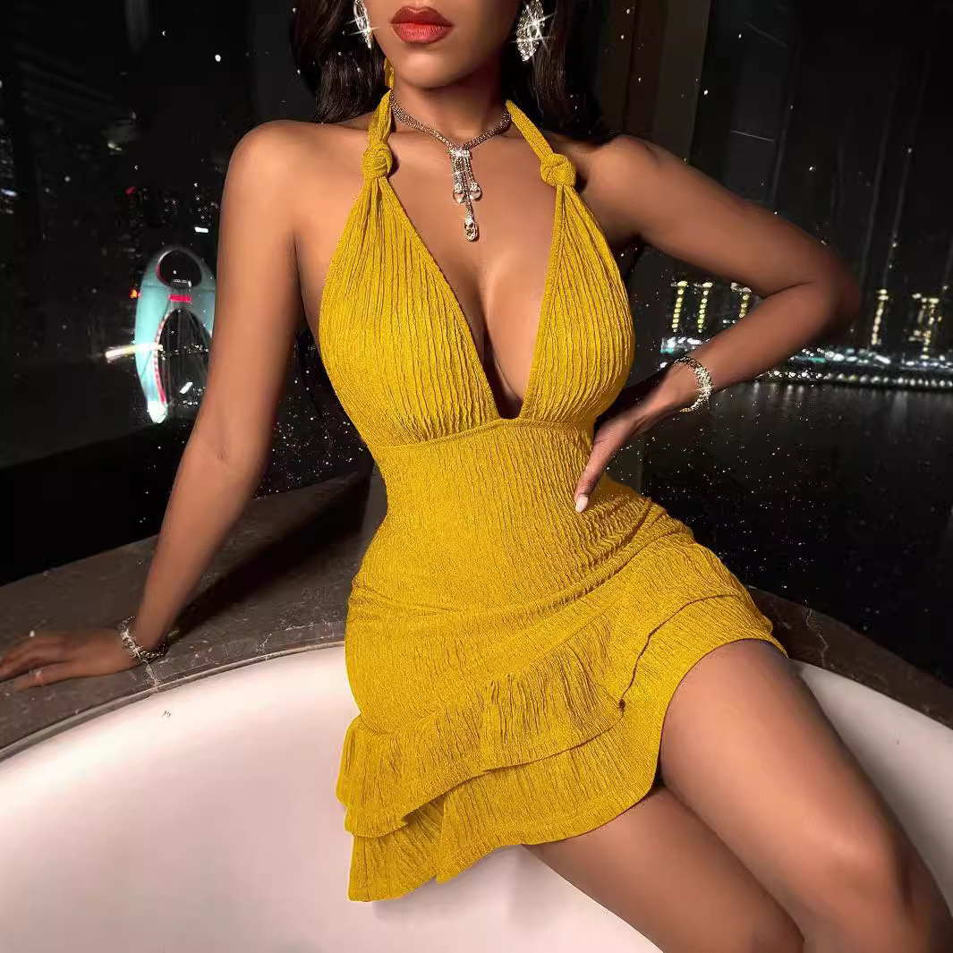 2025 summer new backless collar sexy fashion low cut slim fit solid color tight dress European and American style fashionable women's S dress new