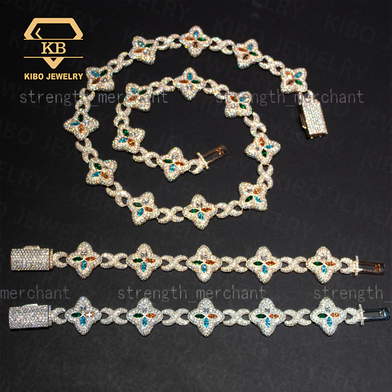 New Design S925 Hip Hop Jewelry Iced Out Colored Moissanite Infinity Link Clover Cuban Bracelet