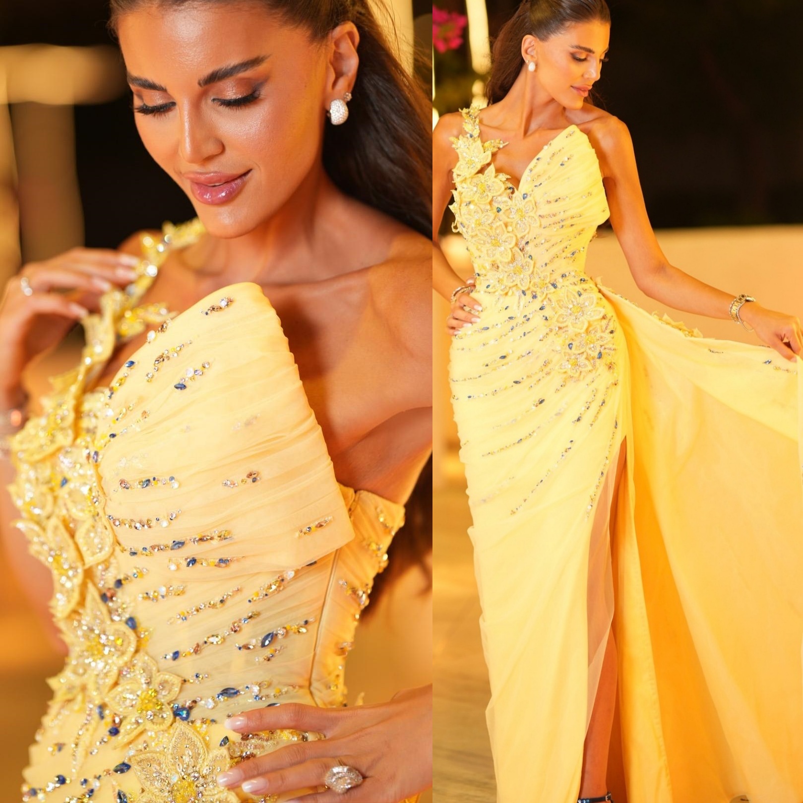 Sheath Yellow Evening Dresses Floral Lace Crystals Chiffon Prom Formal Party Second Birthday Engagement Gowns Plus Size Dress For Special Occasions