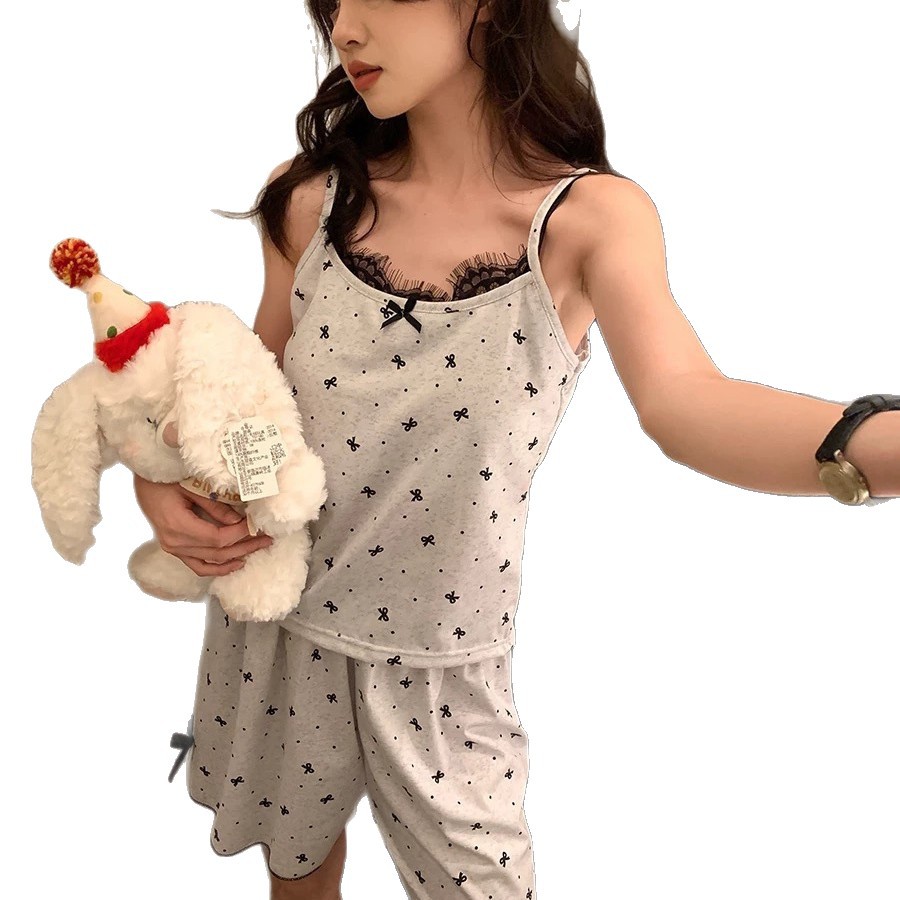 Outfits For Woman High - quality cotton pajamas for women with built - in bra pads in summer The suspender style is pure and sweet with butterfly knot
