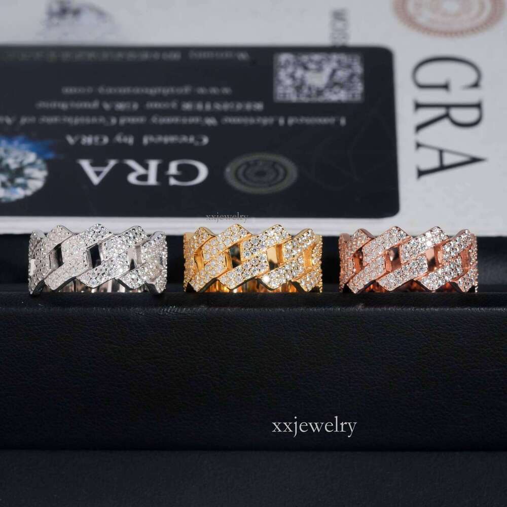 Factory Direct High Quality Hip Hop Two Row Sterling Sier Moissanite Iced Out Cuban Ring
