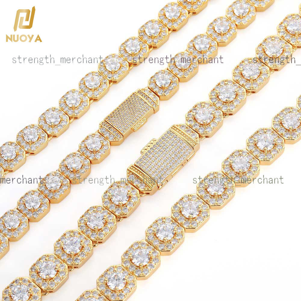 Nuoya Hight Quality 10mm/12mm Clustered Tennis Chain Necklace 18K Gold Bling Cz Iced Out Diamond Tennis Chain Necklace for Women