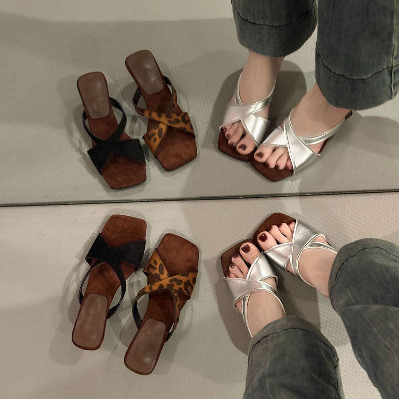 2025 Summer New Square Open Toe Wedge Heel Half Slippers Vacation Beach Roman One Strap Women's Sandals