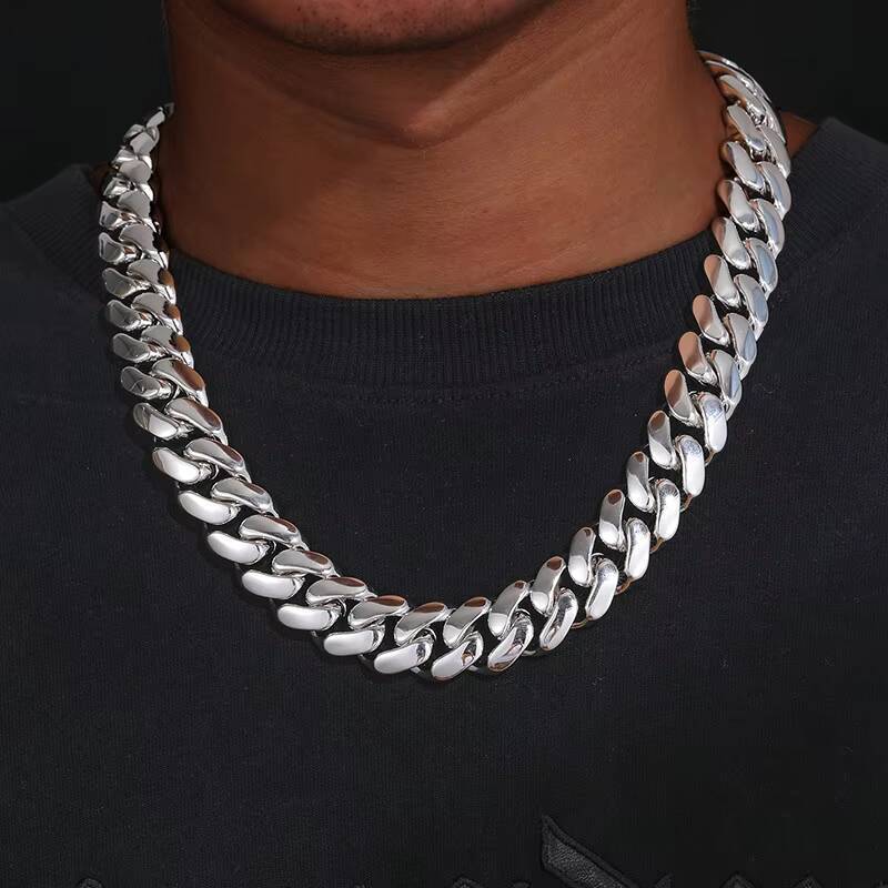 Wholesale Choker White Gold Plated Cuban Link Chain 10mm-25mm Heavy Solid Brass Miami Cuban Chains Bracelet Necklace for Men