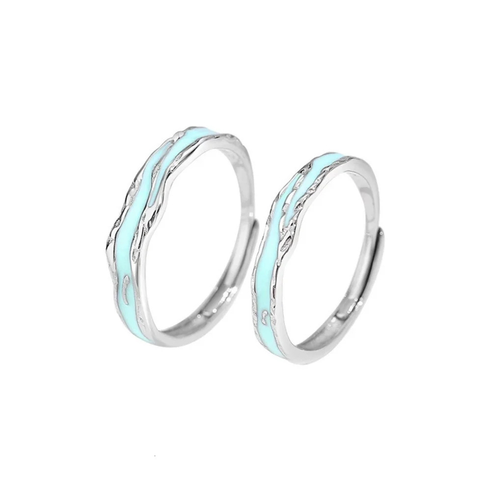 Couple Rings 925Sterling Silver Enamel Glow in Dark Adjustable Promise Rings Unique Band Gift for Valentine Anniversary 250730