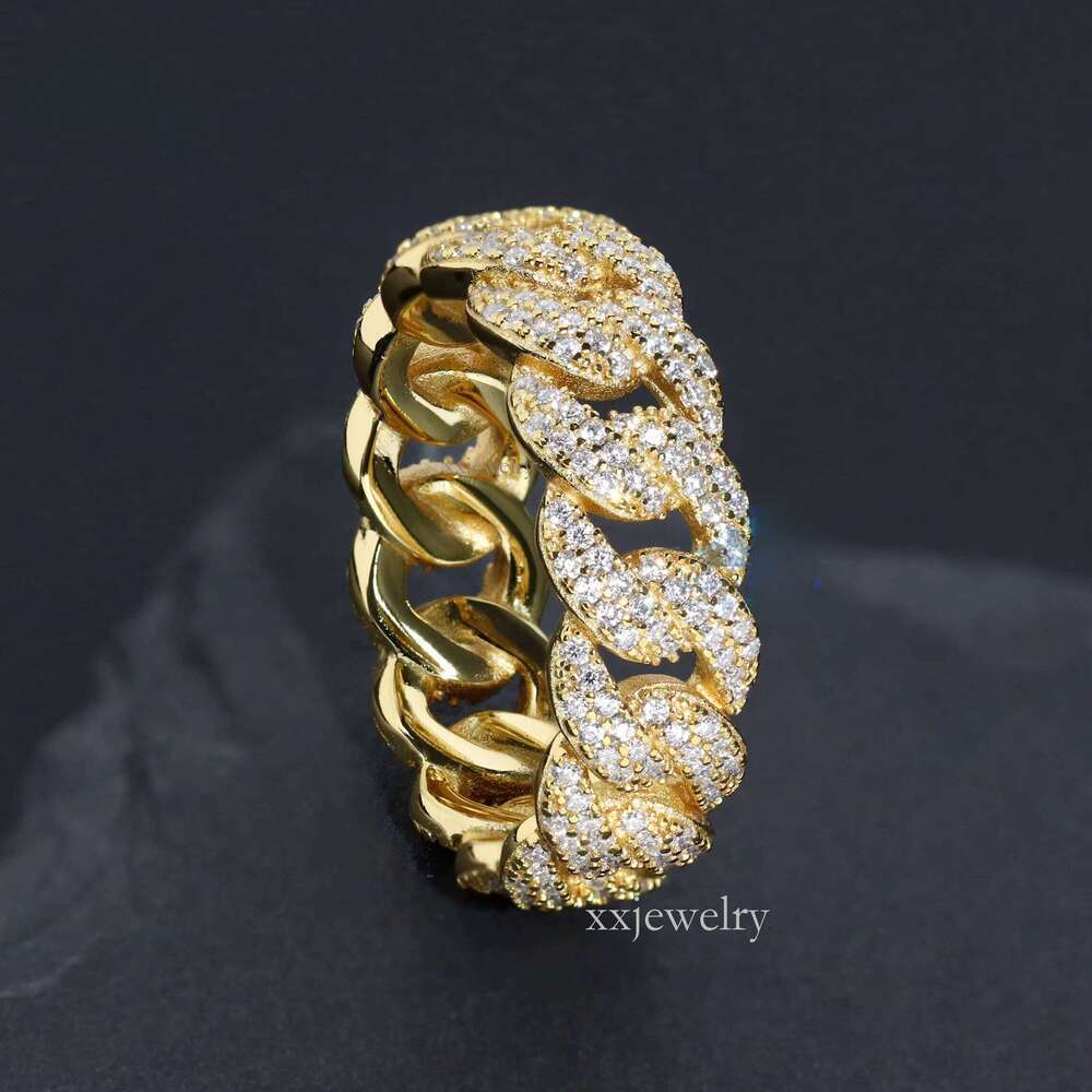 Top notch ring2 Row Cuban Chain Silicon Stone Iced Out Men's Ring Sterling Sier Rhodium Plated D Color Hip Hop Pearlescent Style Wedding Party