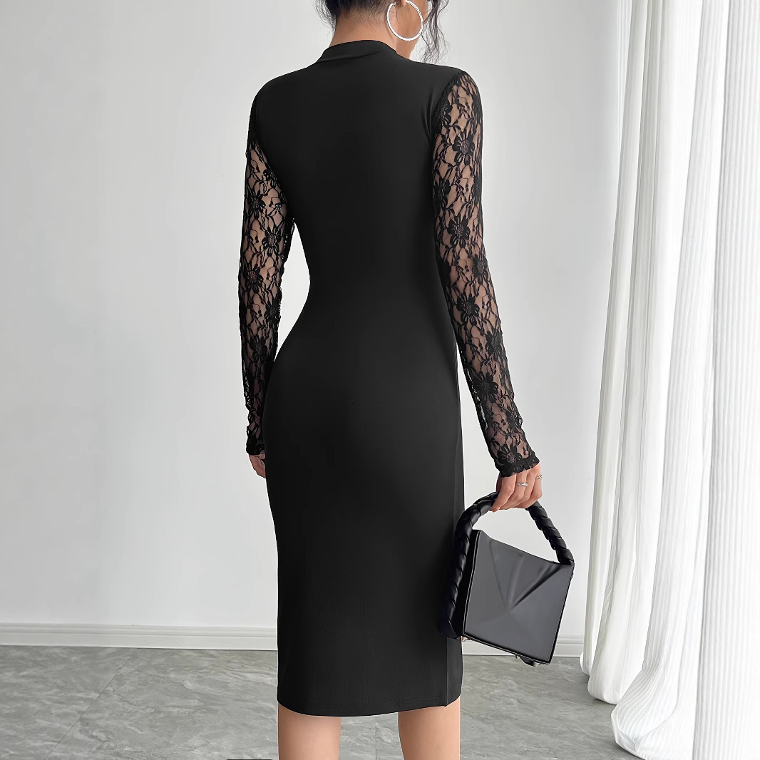 2025 New Women's S Dress European and American Autumn trend New Women's S Solid Color Comparison Lace Slimming Dress New Designer Dress