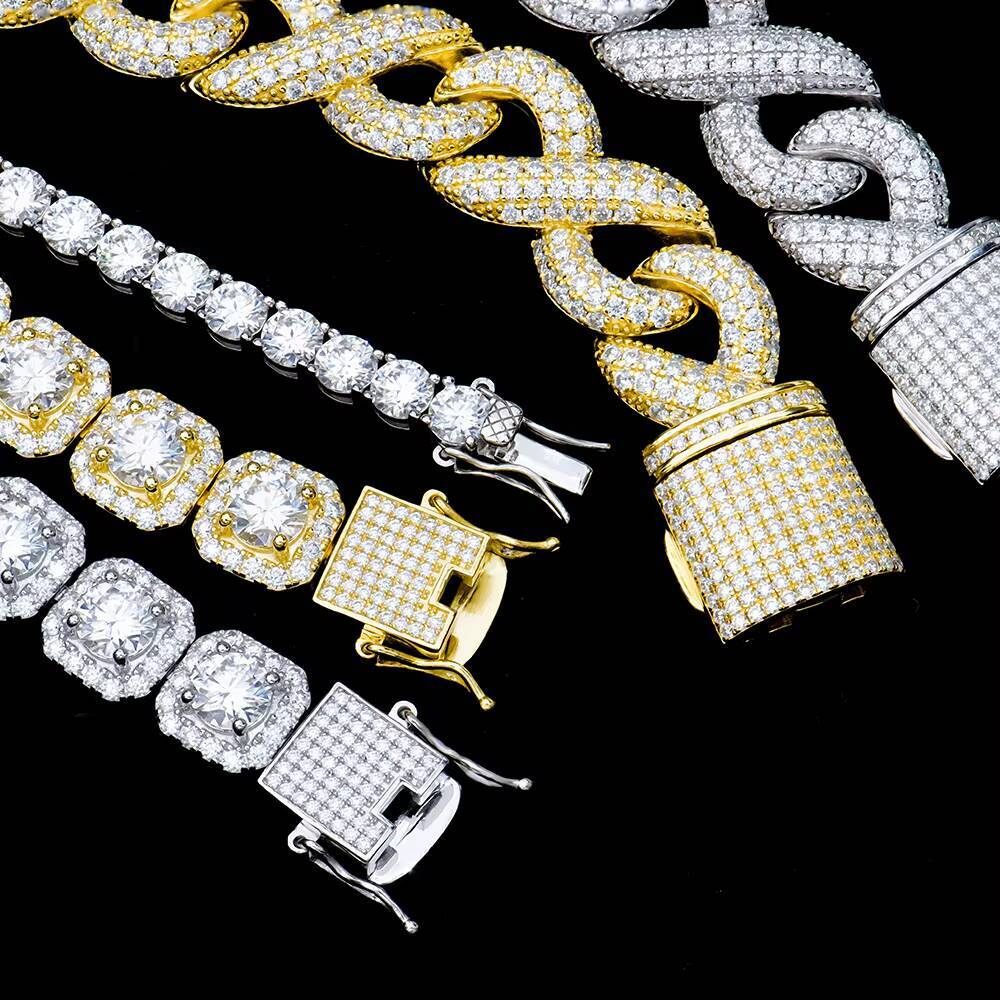 Hip Hop Jewelry Pass Diamond test Marquise square Cluster Moissanite Diamond 925 Sterling Silver Tennis Chain with Side Ice