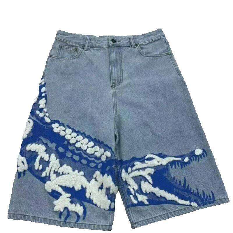 Men's Clothing 2025 Summer New American Retro Washed Trendy Printed Denim Shorts Loose Casual Straight Wide Leg Pants