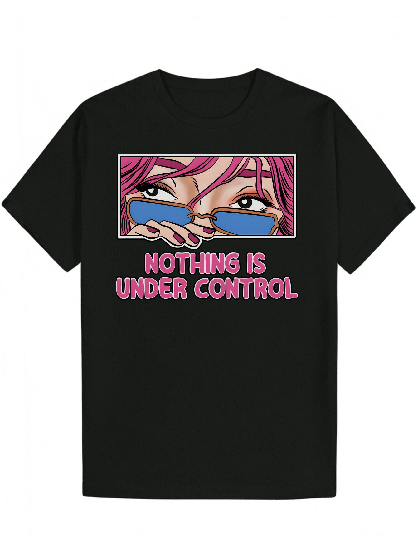 Men's Summer Pattern T-Shirt Black with Pink "Everything Under Control" Print and Fashion Glasses Women's Design - 100% Polyester 