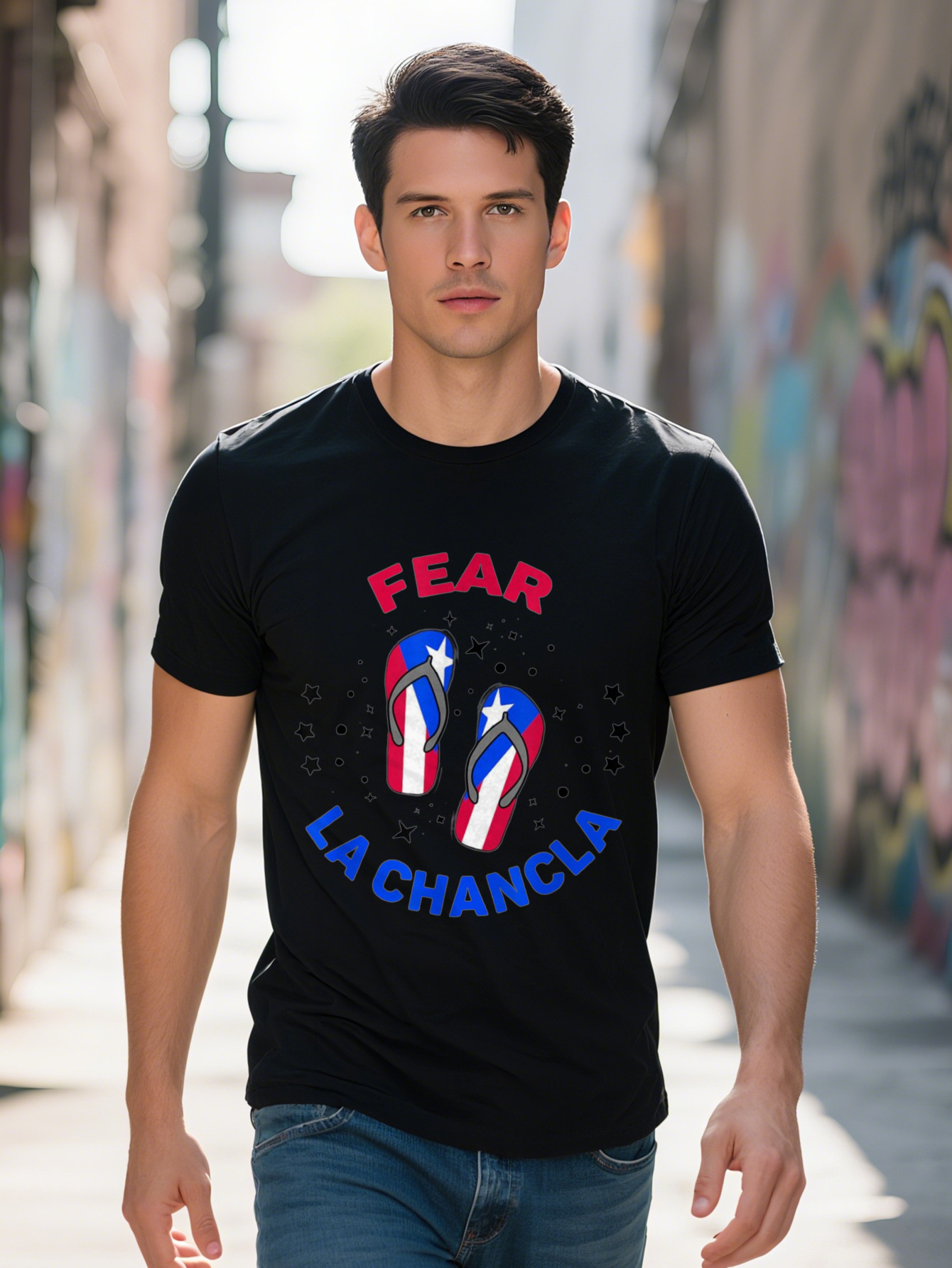 Men s Pride Fear La Chancla Graphic T Shirt Cotton Short Sleeve Fit Black with Bold Red Blue Print Lightweight 56331 e39b9