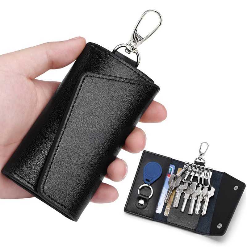 Portable Leather Housekeeper Holders Car Keychain Key Punch Bag Case Men Black Keys Wallet Cover Simple Solid Color Storage Bags G250802