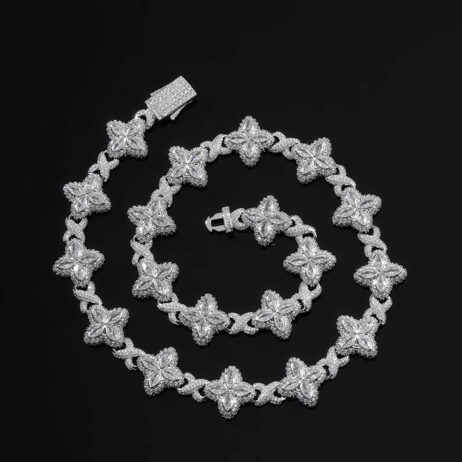 Sparkling Bling Hip Hop 16mm White Clover Bracelet Necklace Brass Fashion Flower 5A Moissanite VVS Diamond Cuban Chain