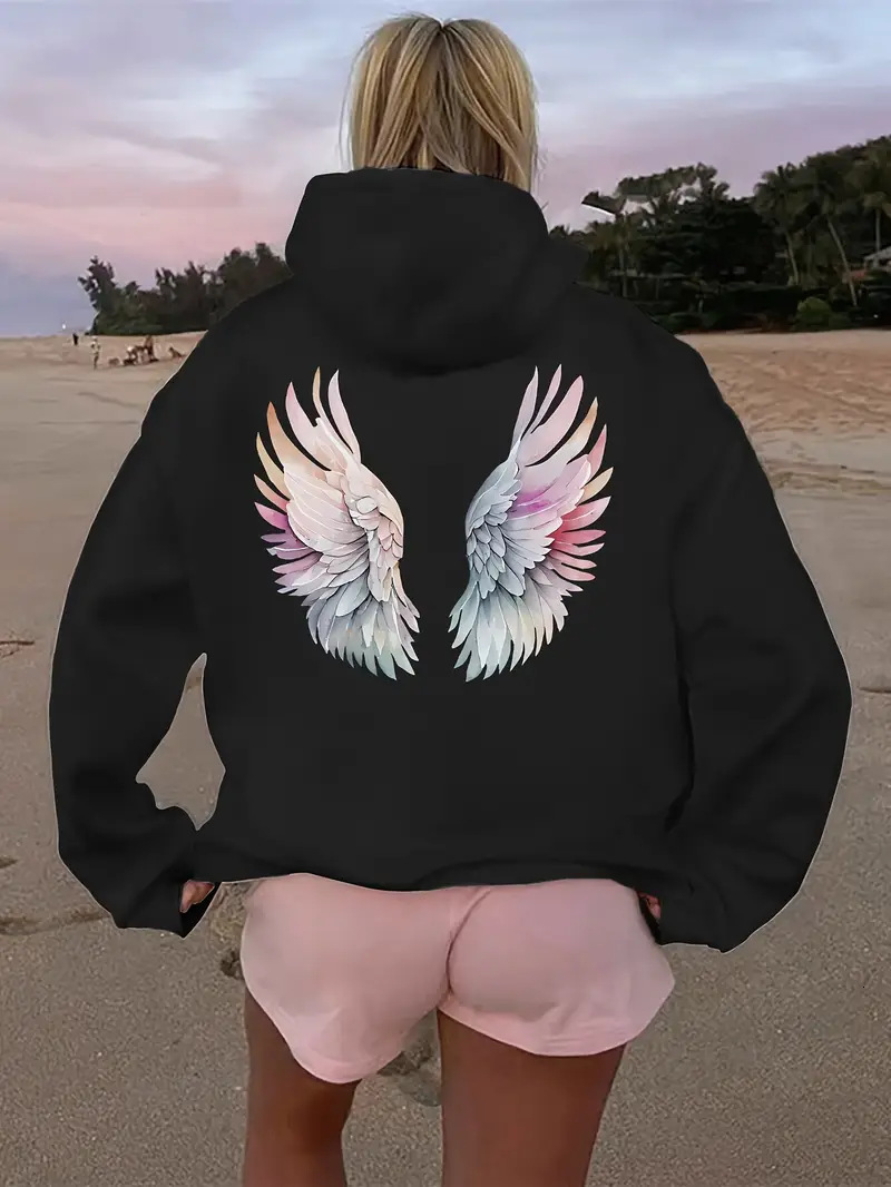 Free shipping designer New Women Fleece Sweatshirt with Wings Hoodie with Kangaroo Pocket Drawstring and Drop Shoulder Sleeves High quality clothing