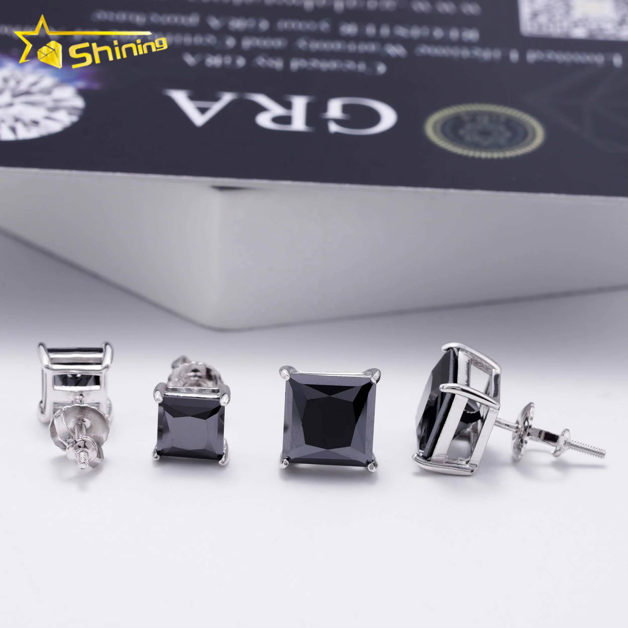 Hot Sale Pass Diamond Tester 925 Sterling Silver Screw Back Hip Hop Princess Cut Black Moissanite Earrings