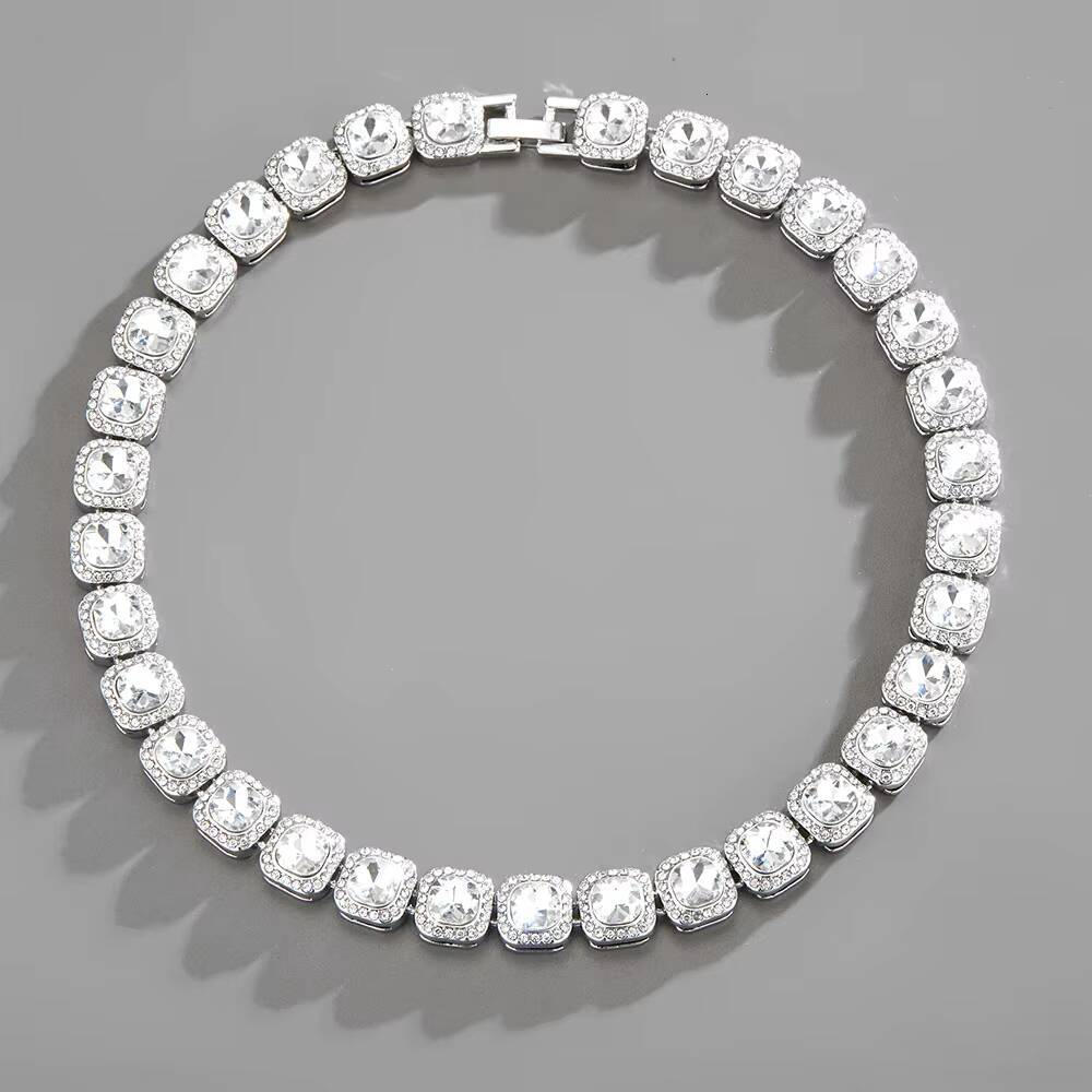 Hip Hop Iced Out Square CZ Diamond Tennis Cuban Link Chain Jewelry Trendy Gold Plated Bling Tennis Choker Necklace for Women Men