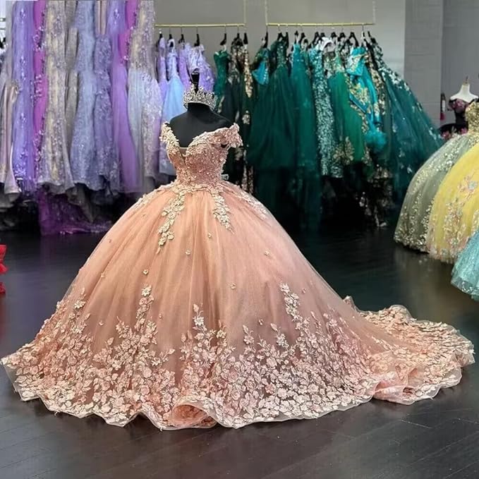 Glitter Tulle Quinceanera Dresses Floral 3D Flowers Applique Crystal Beads Off The Shoulder Corset Back Sweet 16 Dress Graduation Pageant Gowns 01