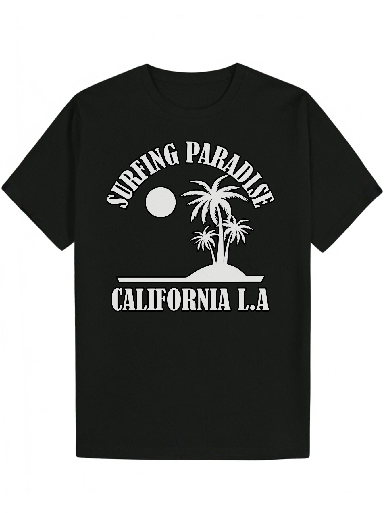 Mn's California Surf Paradis Graphic T-Shirt - Black, Whit Palm Trs and Sunst Dsign, Brathabl Polystr, Rgular Summr Casual T-Shirt, Machin d6765