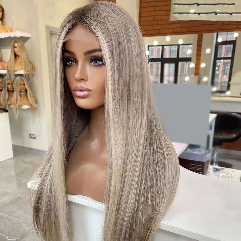 Full Human Hair for Women Highlight Ash Grey Blonde Straight with Silk Base Transparent Lace Front Wigs 10-30"