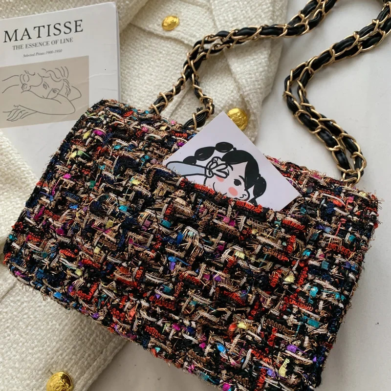 Fashionable Versatile Womens Bag Tweed Style Straw Bag Korean Version Chain Shoulder Crossbody Equipm Purses Ladies Handbags 250804