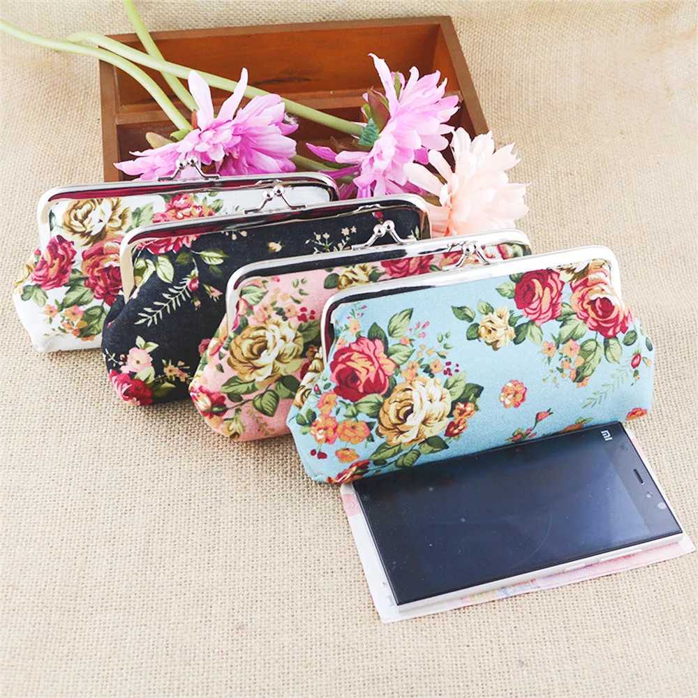 13995CM Long Rose Flower Printed Microvelvet Coin Wallet Handbag Canvas Money Card Holder Wallet Pouch Key Bags Wholesale G250802