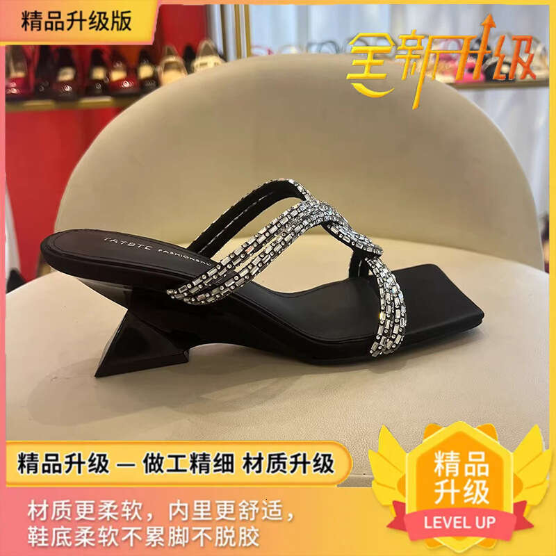 2025 Summer New Open-Toe Slippers 35-42 designer shoes for Women, Elegant Square Toe with Rhinestones, Cross Strap High Heels