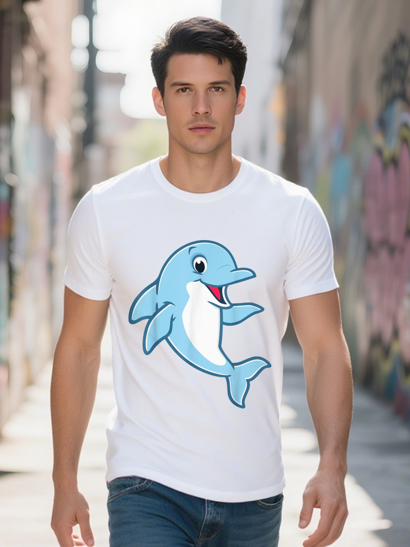 Men s Soft Cotton T Shirt Playful Blue Dolphin Graphic Short Sleeve Round Neck Lightweight Breathable b11cf