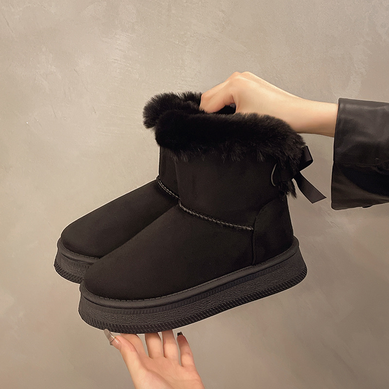Fleece - Lined and Thickened Snow Boots with Slip - On Design new Winter Style Thick Sole Furry Opening Bow - Knot Warm Large - Size Cotton Shoes