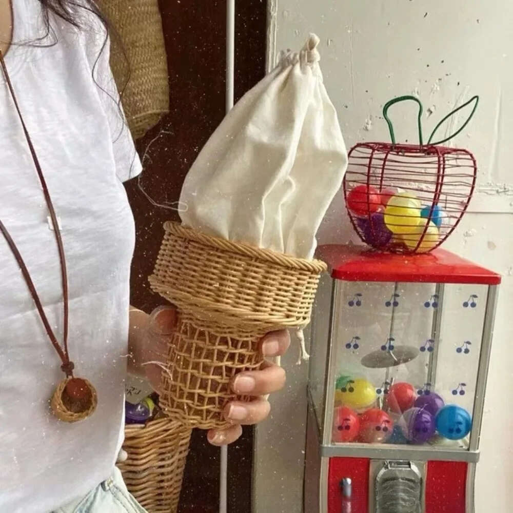 Cute Ice Cream Rattan Handbags Bohemian Wicker Woven Straw Bag Hollow Funny Purses for Women Shoulder Beach Bags