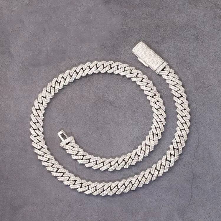 Xingguang Jewelry VVS Mossanite Cuban Chain 2rows 12mm S925 Silver Diamond Necklace Man Moissanite Hiphop Cuban Link Chain