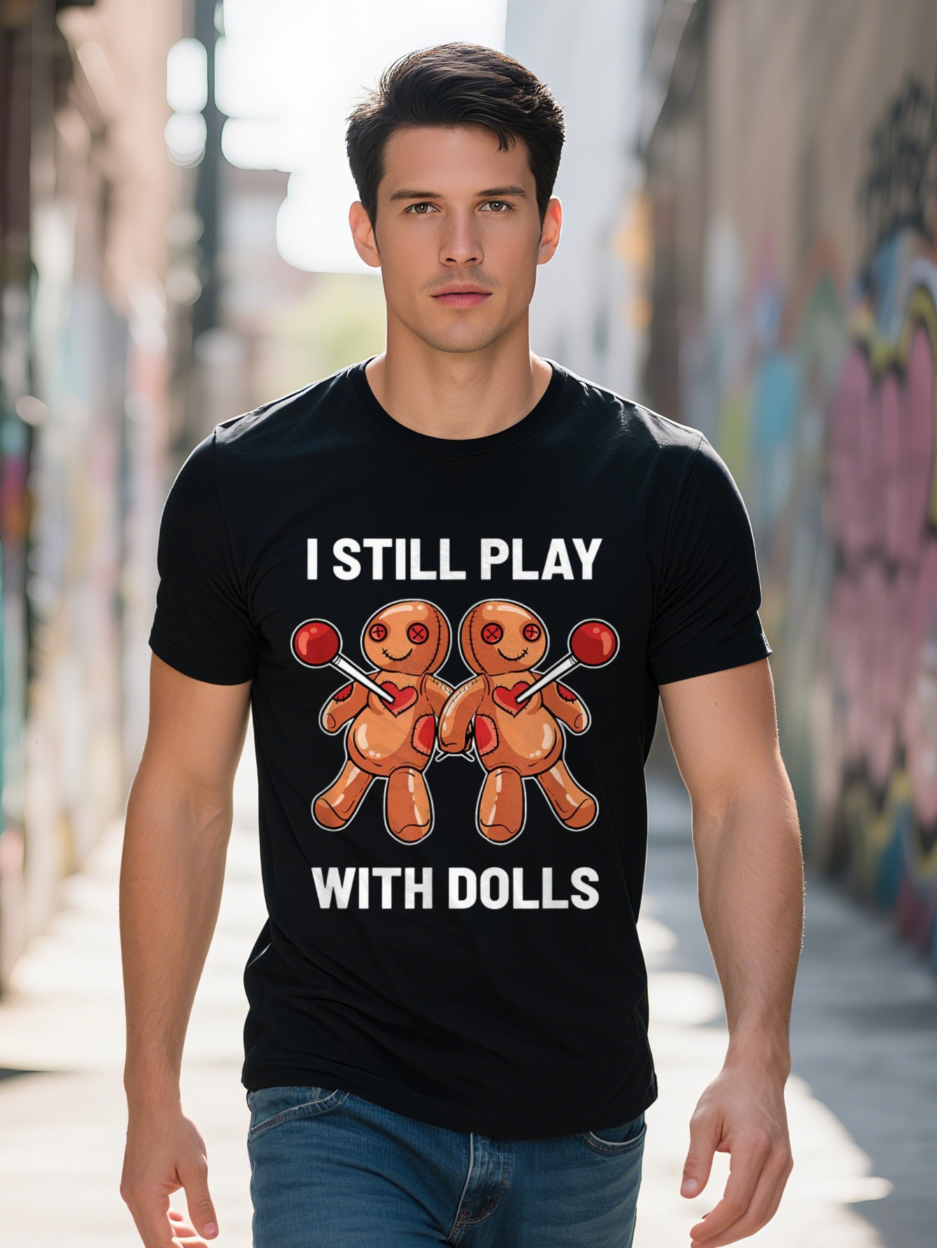 Men s I Still Play Dolls Funny Graphic T Shirt Cotton Black Casual Crew Neck Tee with Gingerbread Man Design aa8ff fb979