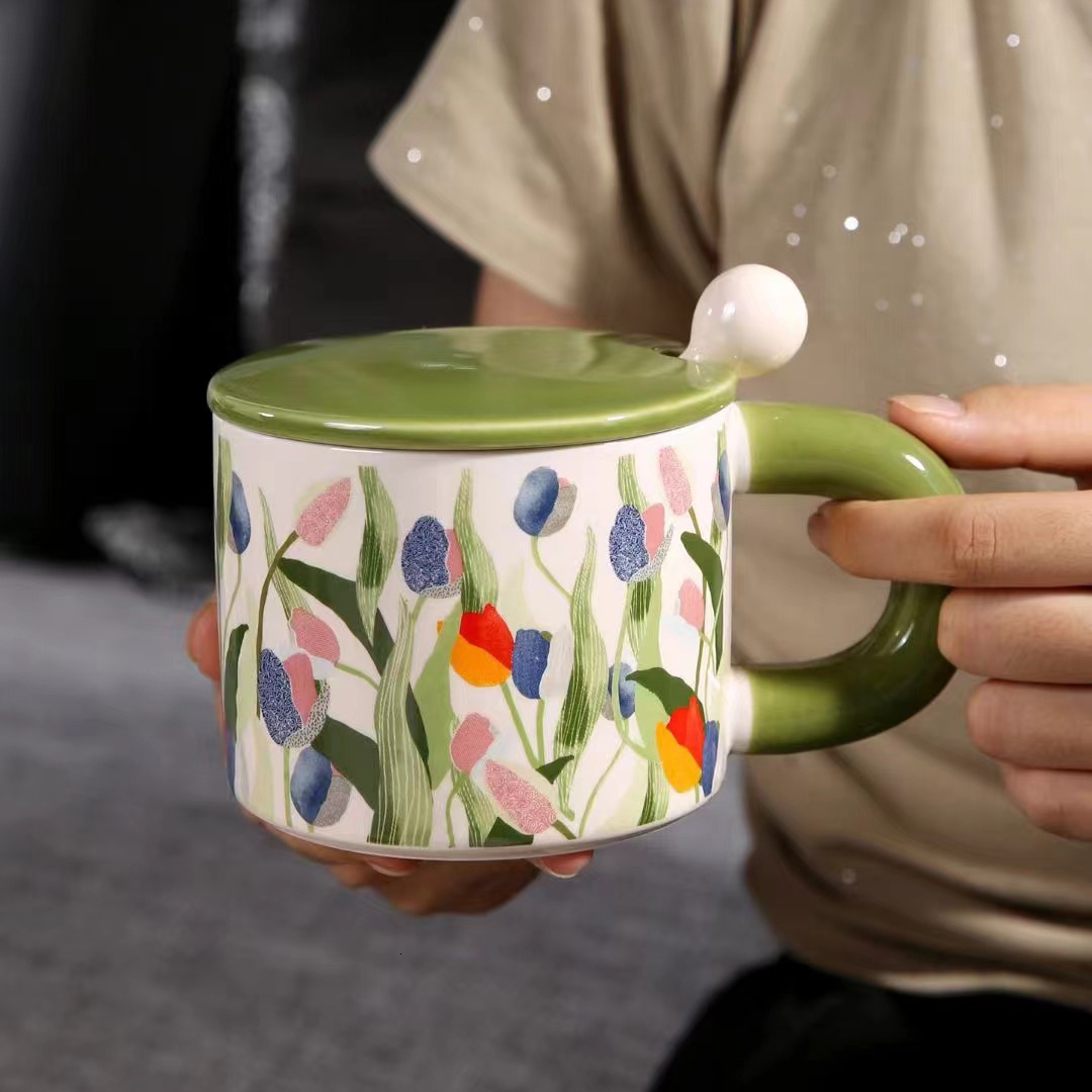 Light Luxury Flower Ceramic Cup with Lid and Spoon, High-Value Home Drinking Office Coffee Tea Cup, Mug