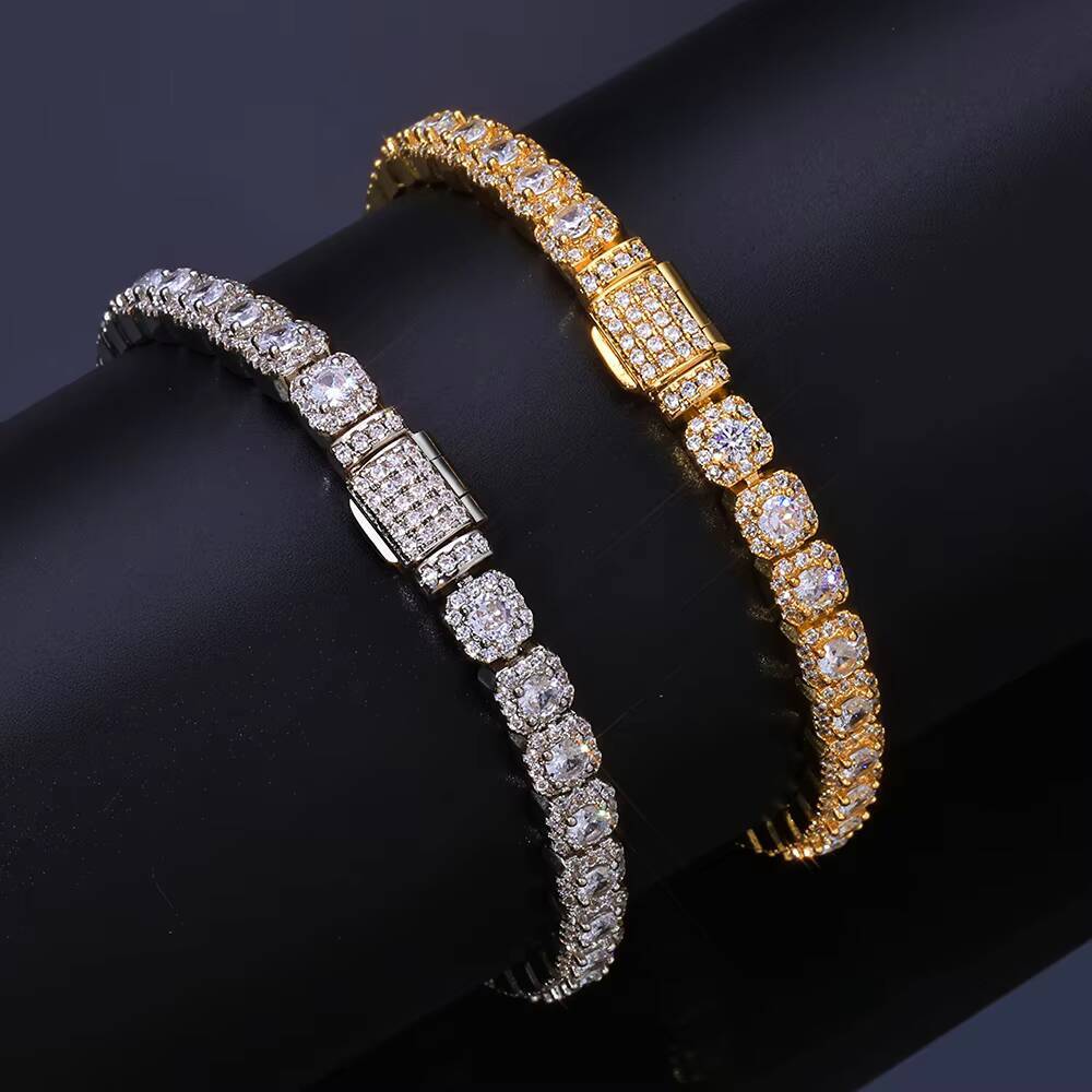 NUOYA 5mm Clustered Tennis Chain Bracelet Silver Gold Plated Iced Out Diamond Hip Hop Jewelry Round Zircon Tennis Chain Bracelet