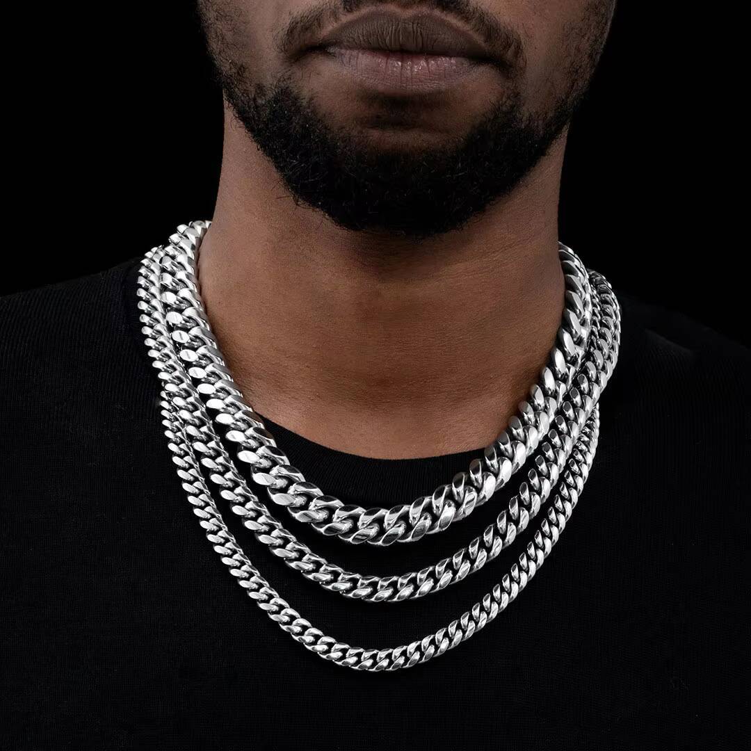 Mens and Womens Stainless Steel Miami Cuban Necklace with 18K Gold Link Chain Hip Hop Style Jewelry for Gift