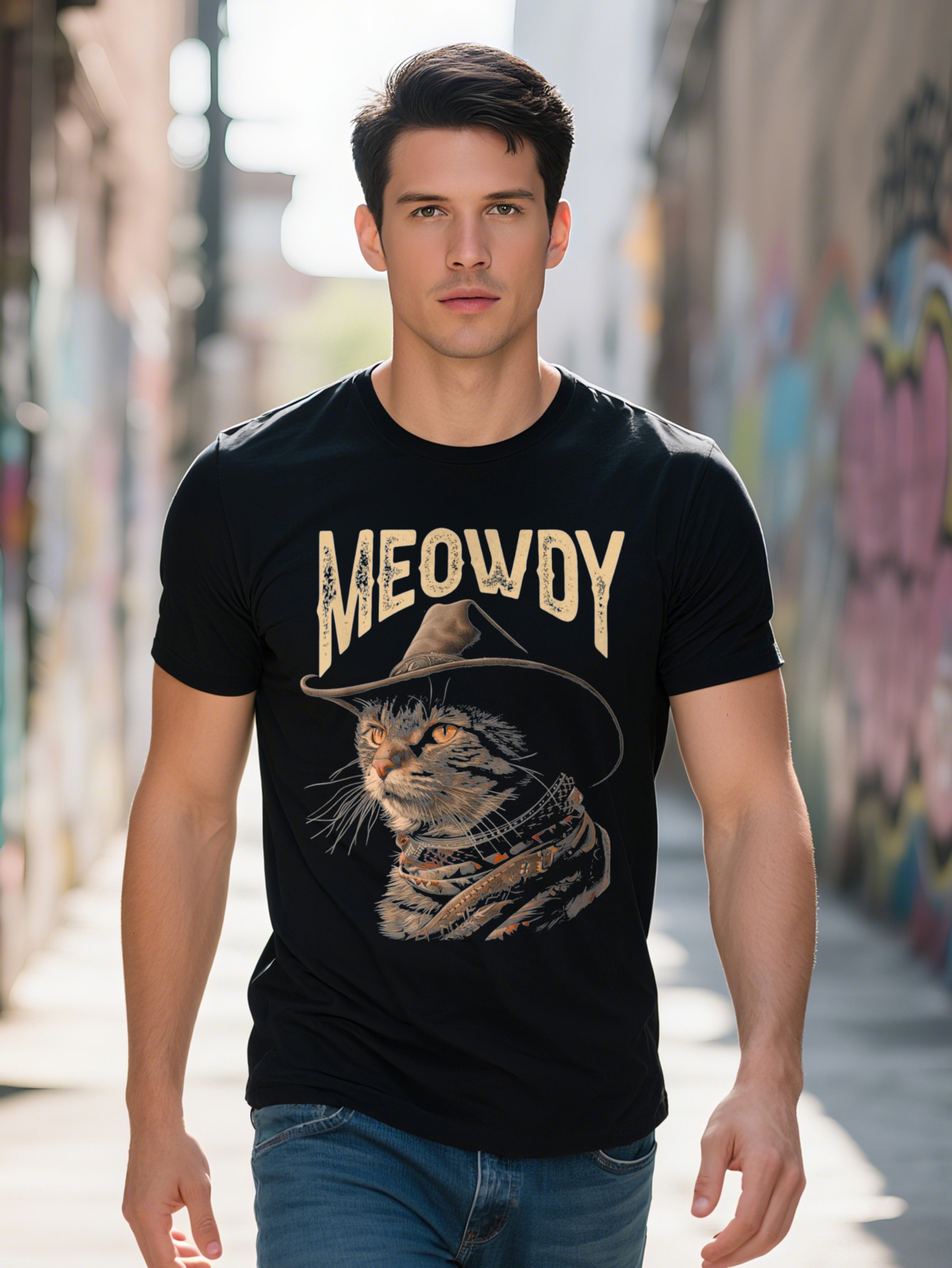 Men s g Cotton T Shirt Black Short Sleeve with Meowdy Cowboy Cat Meme Graphic Digital Print Regular Fit for 8c035