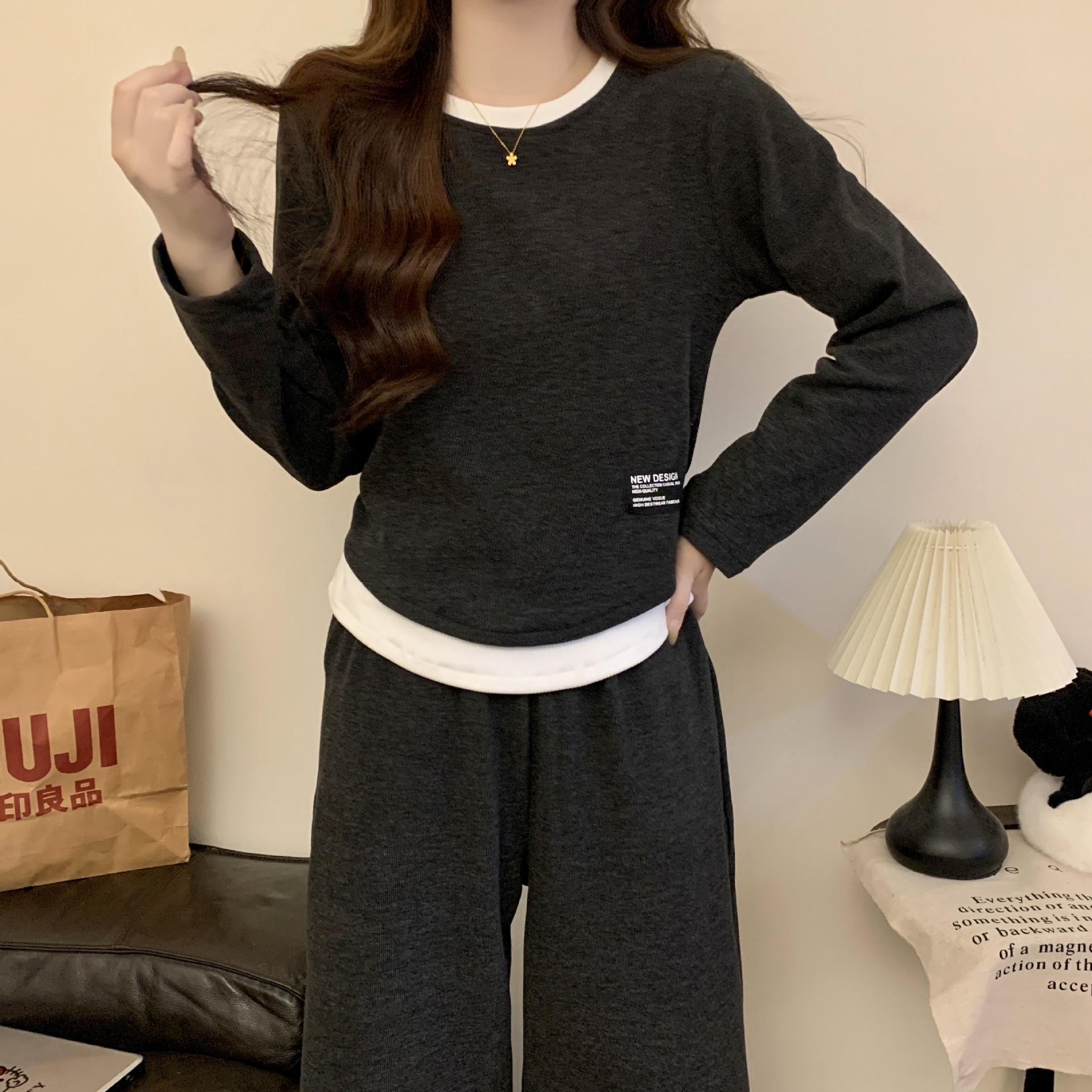 B1003-Long-sleeved trousers pajamas women 2025 autumn and winter new fake two-piece round neck pullover loose home clothes suit