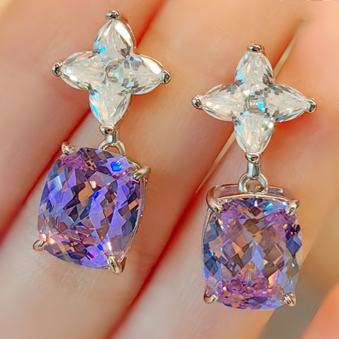 High-End Purple Kunzite Ice Flower Cut Earrings High Carbon Diamond Stud Earrings Jewelry Diamond Earrings for Women