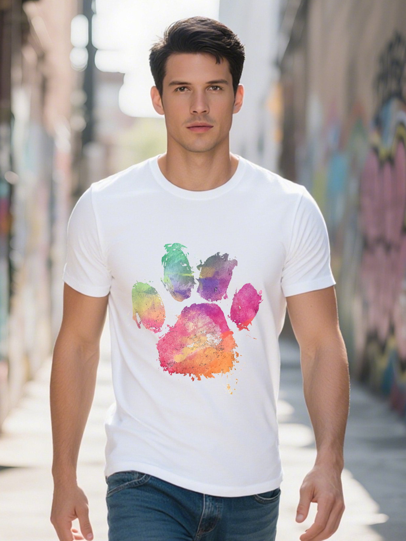 Cat Dog Paw Print Watercolor Rainbow Abstract Animal Lover T Shirt 882d5
