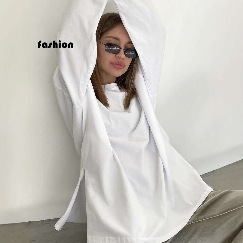 Style Loose Long Sleeve Split T-Shirt For Women, Solid Color 100% Cotton Top, Spring Summer Women's Clothing B5 b7