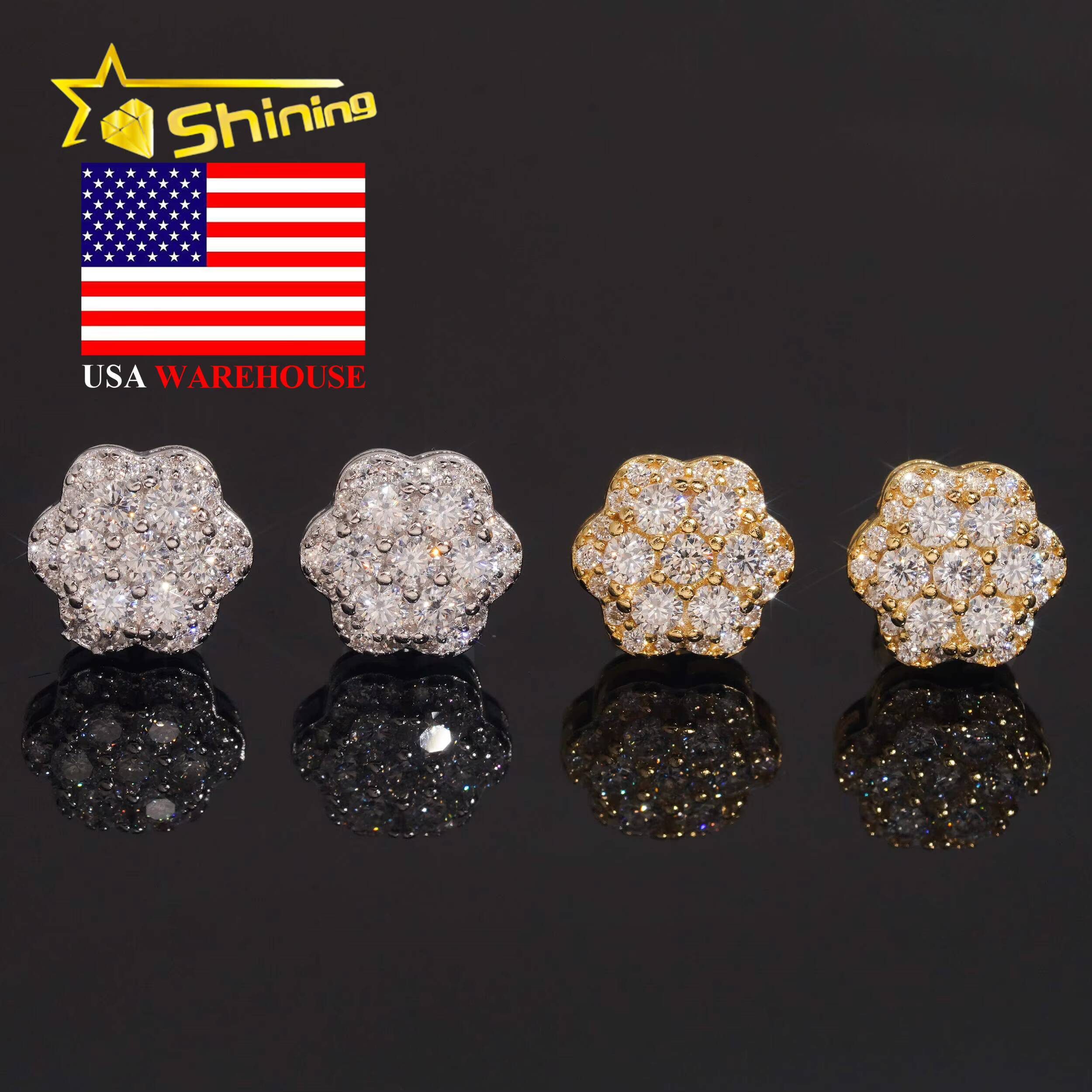 USA Warehouse Local Shipping 925 Sterling Silver Gold Plated Pass Diamond Test Moissanite Flower Cluster Screw Back Stud Earring