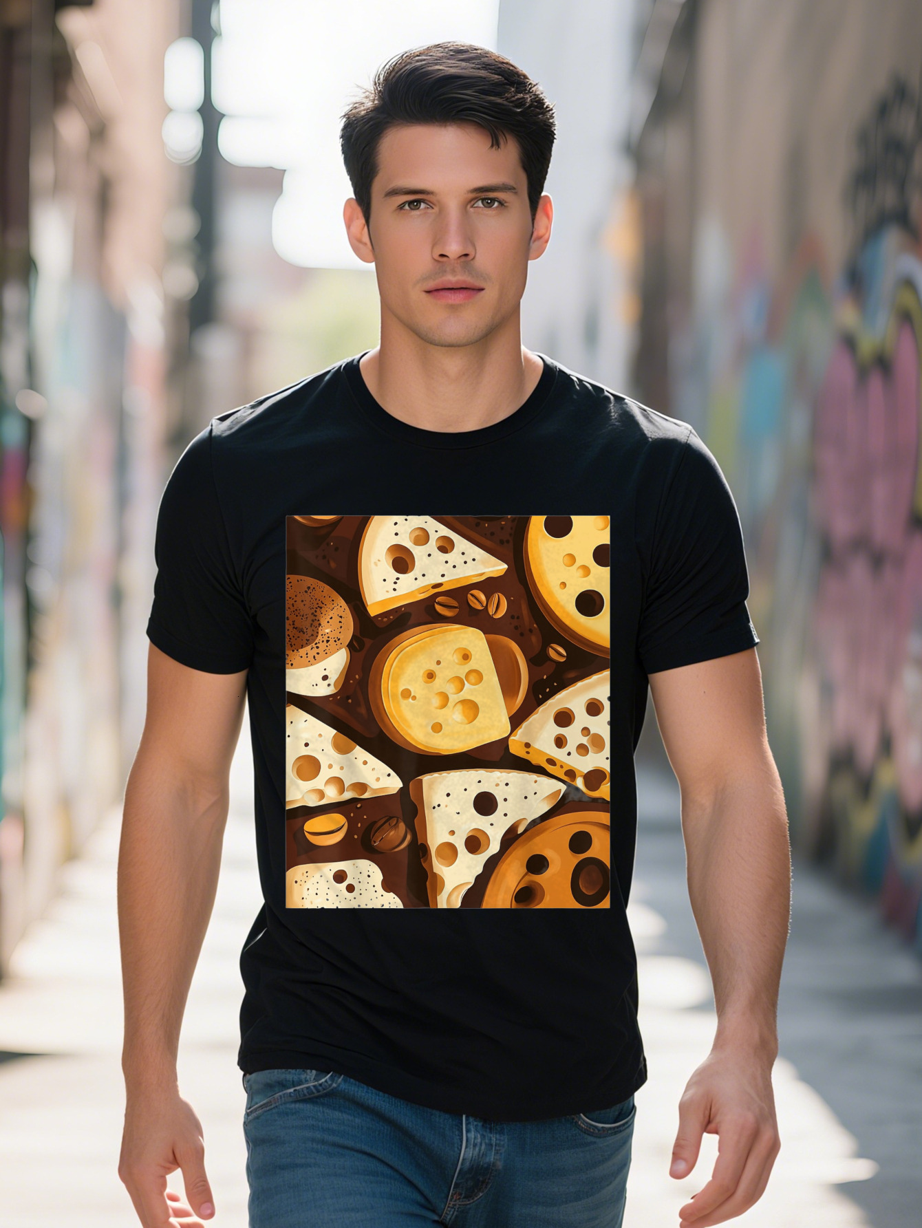 Men s Casual Cheese Coffee Bean Graphic T Shirt Cotton Short Sleeve Tee with Vibrant Digital Print 3ce1b